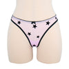 Sheer lilac mesh thong with black velvet star appliqué